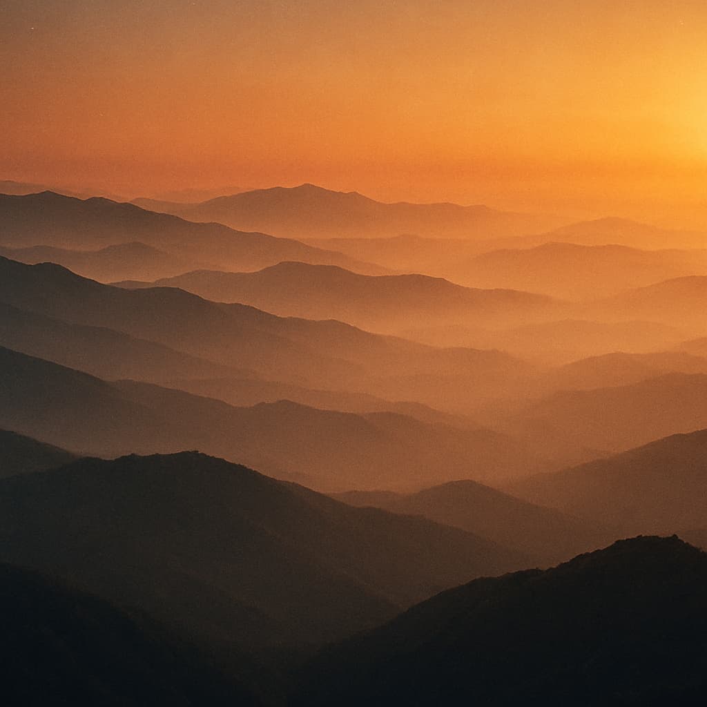 Misty layered mountain ranges at golden-hour sunset